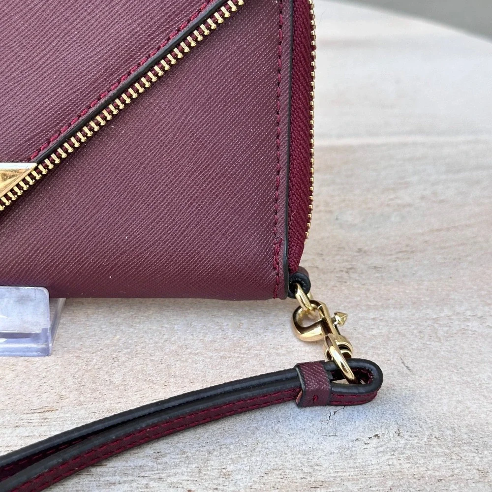 Rebecca Minkoff Molly Metro Zip Around Wristlet Wallet Port Wine Red Saffiano